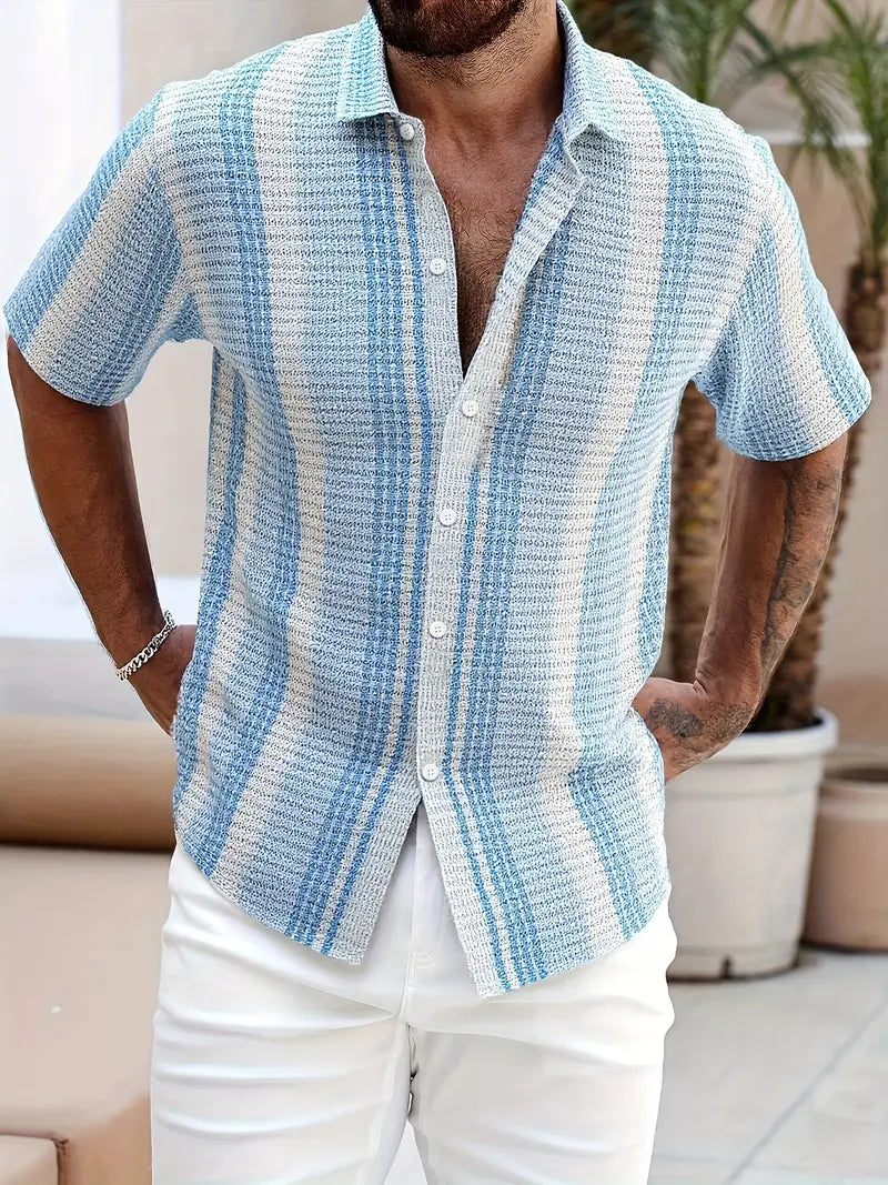 Mens Casual Slim-Fit 3D-Printed Short-Sleeve Beach Shirt