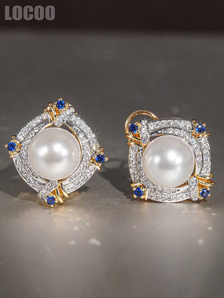 Elegant Two-tone Faux Pearl Stud Earrings With A Geometric Diamond Shape